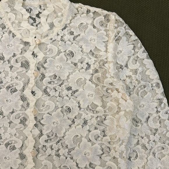 White Lace Mock Neck Button Up Blouse - Picture 7 of 15